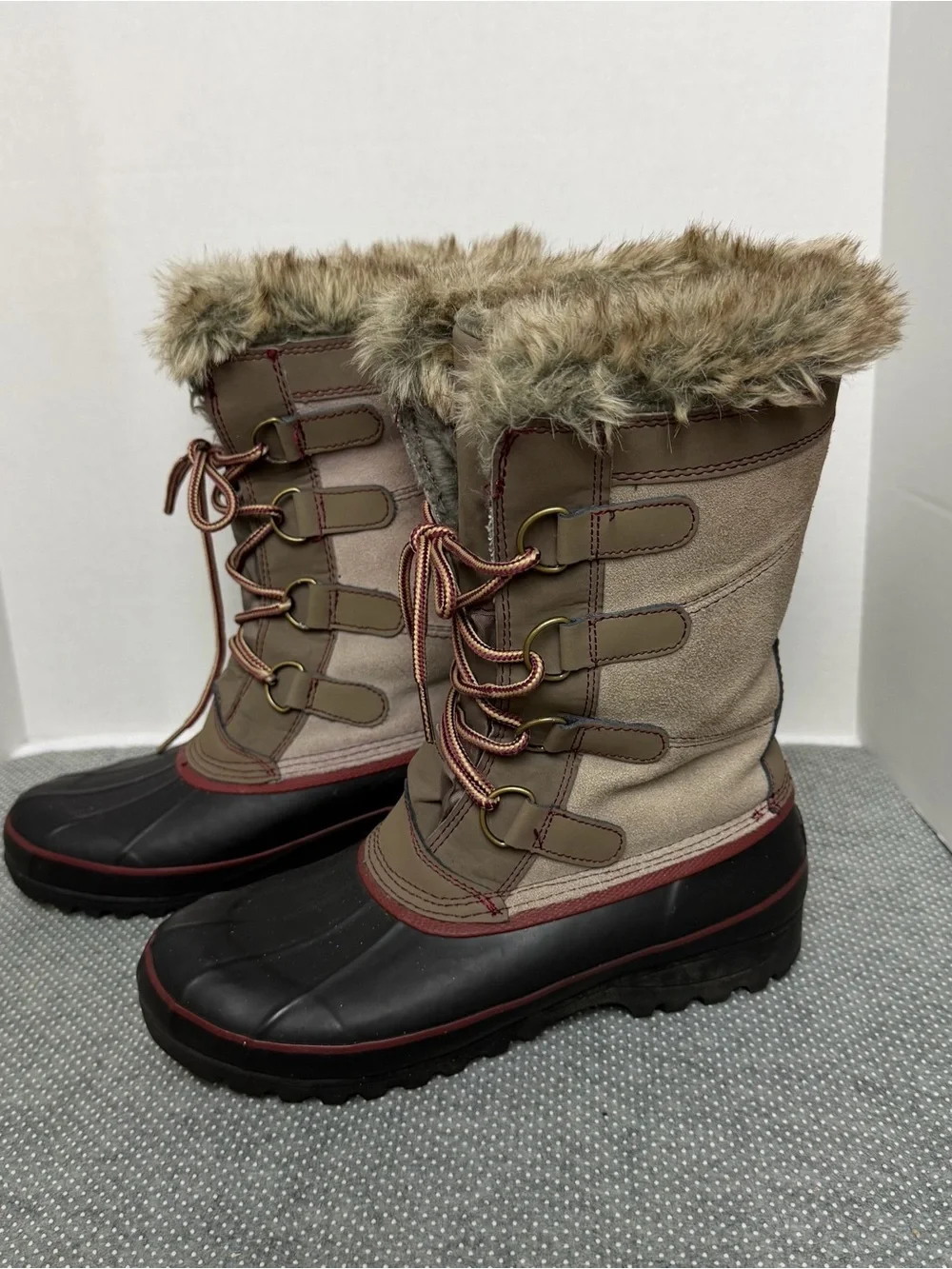 Khombu Tan and Black Lace-Up Faux-Fur Winter Boots